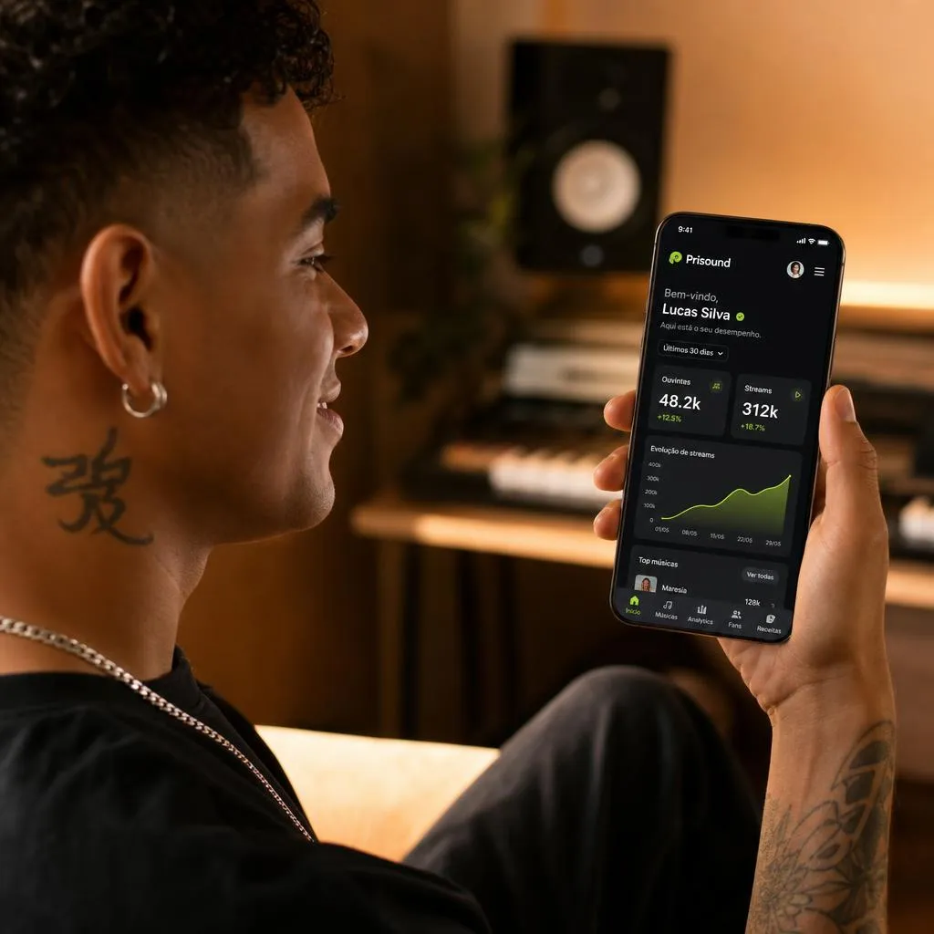 Artista usando a plataforma Prisound no smartphone